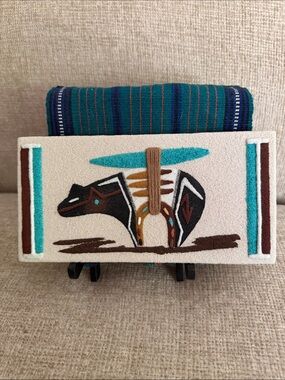 Handcrafted Signed Native American totem fetish Bear Sand Art w/ cloth stand